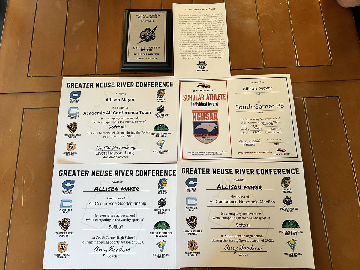 Congrats to our own <a href="/AllieMayer2024/">Allison Mayer</a> for being recognized by South Garner High with the following -
2022-23 Scholar Athlete Award 
GNRC Academic All Conference Team
GNRC All Conference Sportsmanship 
GNRC All Conference Honorable Mention 
SGHS The Diane L. Potter Recipient