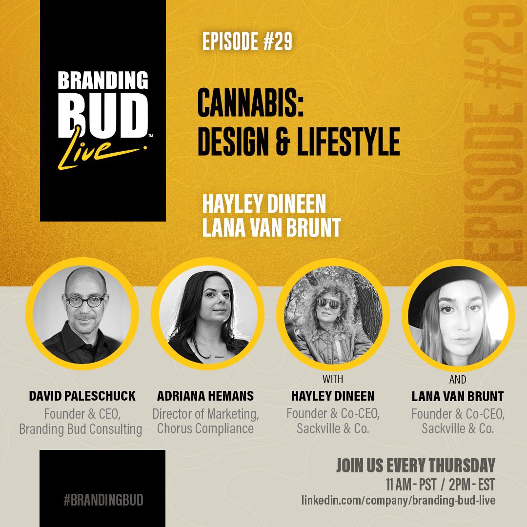 SackvilleNYC's tweet photo. Tomorrow at 2 PM EST @brandingbud Live co-hosts David Paleschuck and Adriana Hemans delve into the fascinating intersection of cannabis, art, &amp; design. In this episode, they explore "Cannabis: Design &amp; Lifestyle" with our founders, Lana Van Brunt &amp; Hayley Dineen.

Link in bio! https://t.co/Zv0KClXO8F