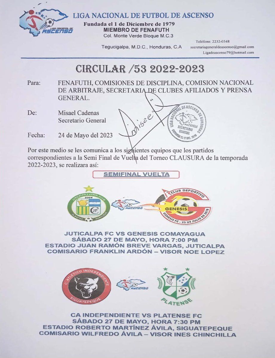 🚨 Atentos 🚨

Así se jugarán los partidos de vueltas en las semifinales 

En la llave 01 @GenesisCFC2018 lidera la serie 2-1

En la llave 02 serie empatada entre @atleticoinde 1-1 <a href="/PlatenseFClub/">Platense F.C.</a> 

El sábado conoceremos a los finalistas del Clausura 2023.