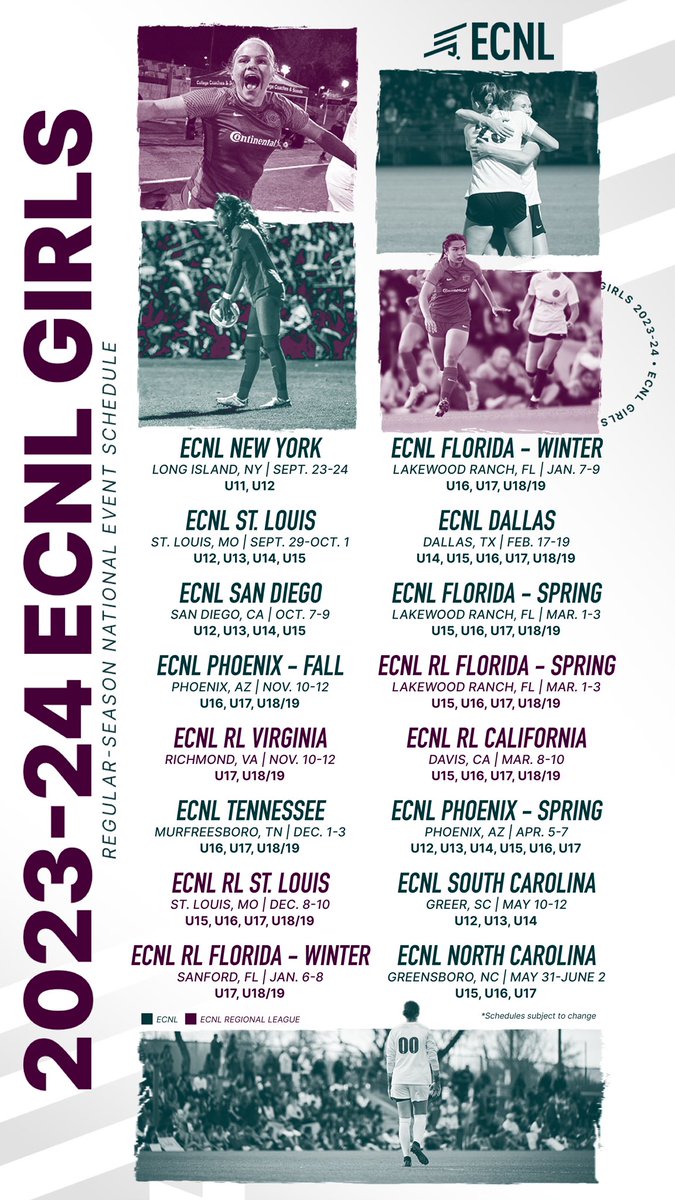 🗓️ Mark your calendars!  

The 2023-24 ECNL Girls Regular-Season National Event Schedule. #LeadersPlayHere