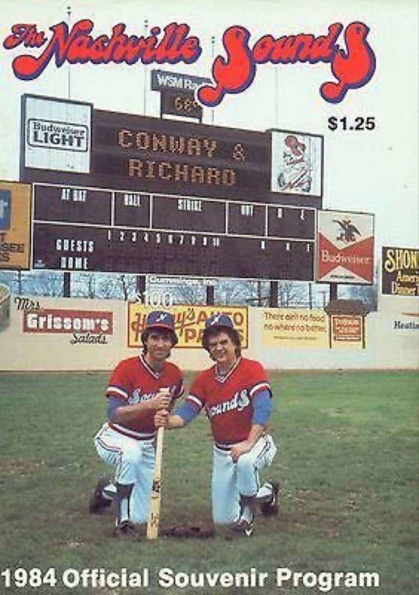 Super70sSports's tweet image. I don’t know how good the 1984 Nashville Sounds were but they’ve got Conway Twitty and the “Oom Papa Mow Mow” guy from Elvira on their program. And that’s enough for me, frankly.