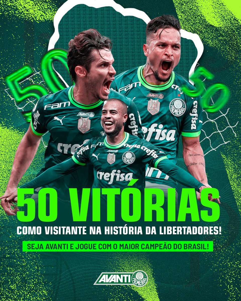 Com a vitória do #MaiorCampeãoDoBrasil, alcançamos a marca de 5️⃣0️⃣ vitórias fora de casa na 𝐇𝐈𝐒𝐓𝐎́𝐑𝐈𝐀 𝐃𝐀 #𝐋𝐈𝐁𝐄𝐑𝐓𝐀𝐃𝐎𝐑𝐄𝐒 𝐃𝐀 𝐀𝐌𝐄́𝐑𝐈𝐂𝐀! 🏆

Seja Avanti para sermos #SempreAvantiPorMaisVitórias: avantipalmeiras.com.br 👊

#SempreAvanti