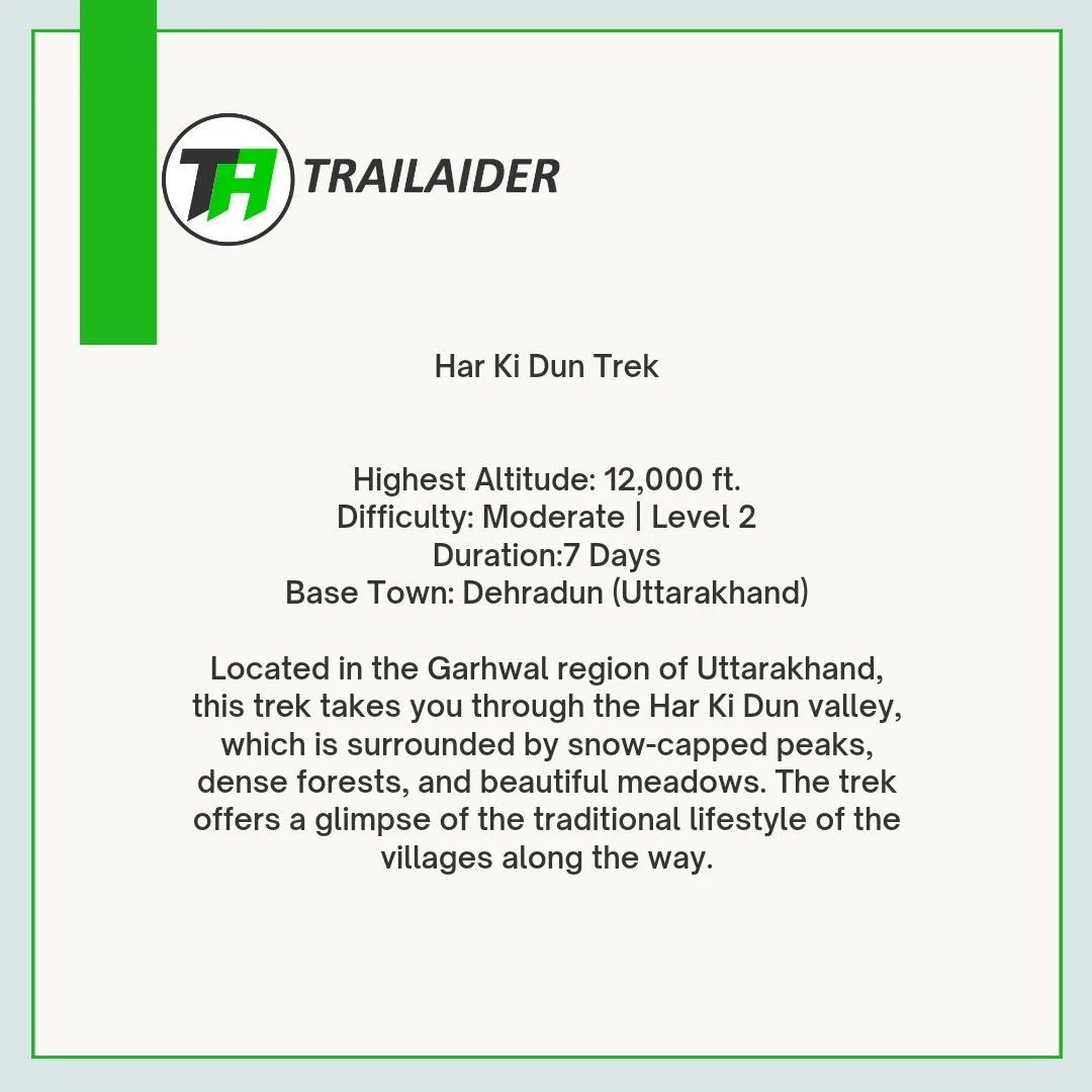Har Ki Dun Trek

Highest Altitude: 12,000 ft.
Difficulty: Moderate | Level 2
Duration:7 Days
Base Town: Dehradun (Uttarakhand)
#harkidun #trek #uttarakhand #dehradun #trekkers #trekking
