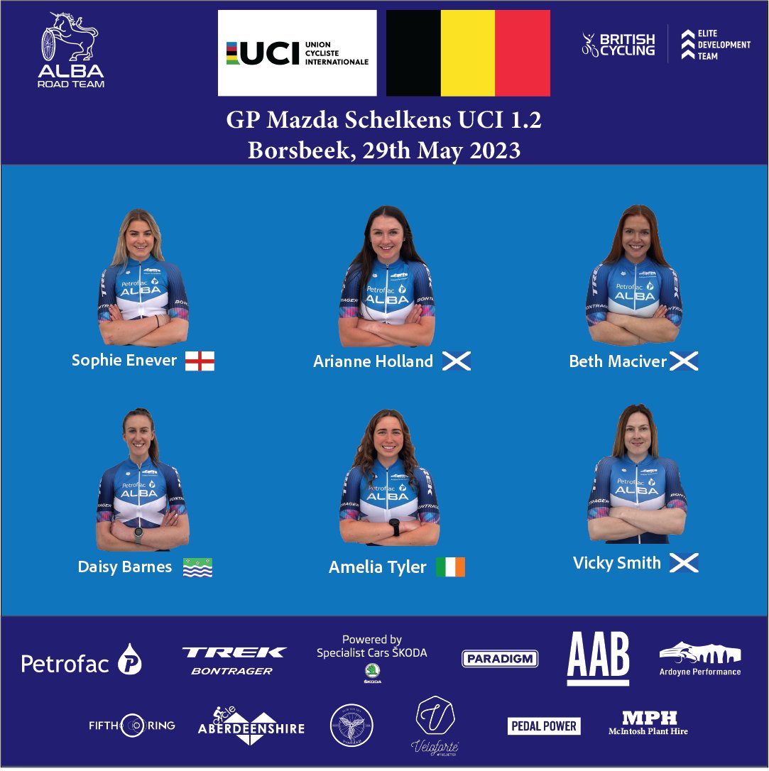AlbaRoadTeam's tweet photo. Back to Belgium this weekend for the Team’s first @uci_cycling race of the season in the single day GP Mazda Schelkens. Back in the UK, Evie takes the start in the National Junior Series race down in Yorkshire.

#alba2023
#britishcycling
#scottishcycling
#uciwomen
#belgium https://t.co/h9cyXIQUes