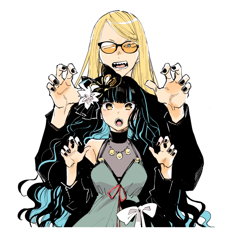 1girl 1boy long hair blonde hair claw pose black hair sunglasses  illustration images