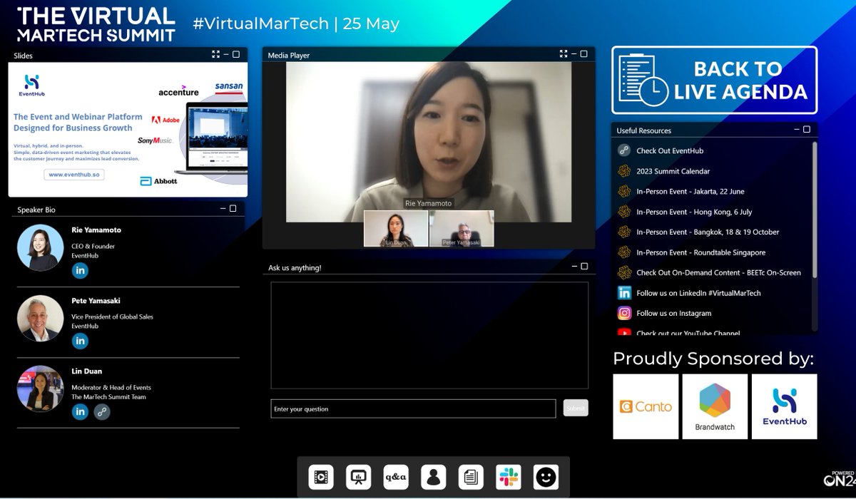 Martech_Summit's tweet photo. Rie Yamamoto, CEO & Founder, @rieyam45, @EventHub_inc is now on stage in an interview: "Hybrid, In-Person and Virtual: Reengineering Your Event Mix" at The Virtual MarTech Summit APAC.
๐Agenda: https://t.co/bO4kaoakmm
#themartechsummit #virtualmartech #martech https://t.co/qnfeQbIh4f