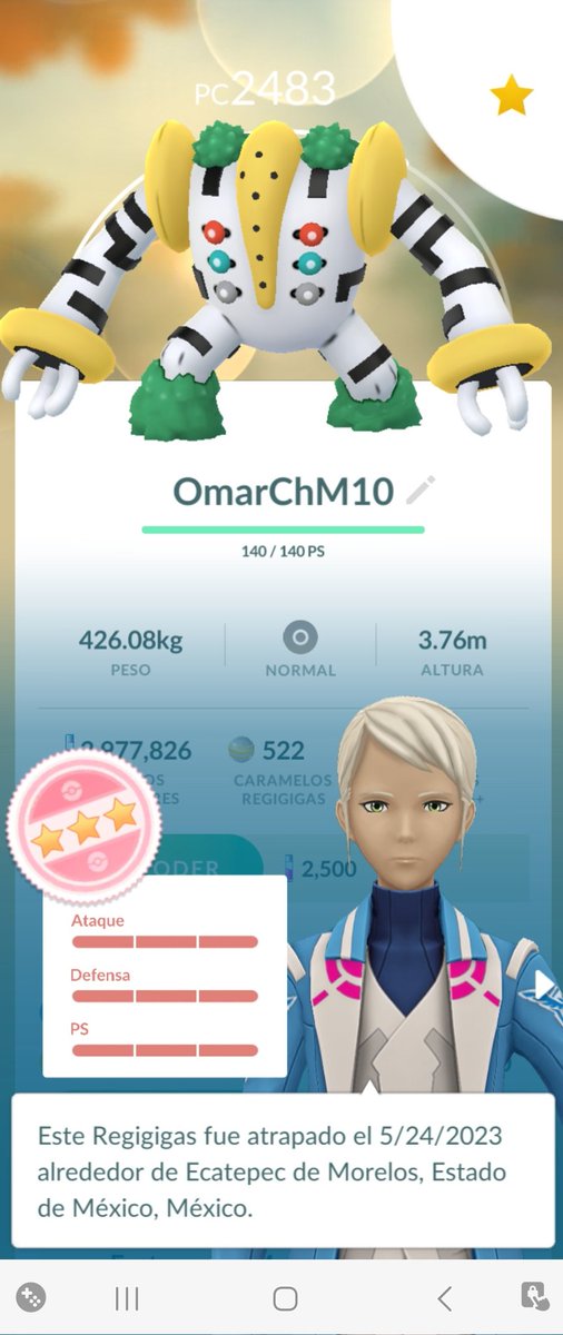 OmarChM10's tweet image. Después de varias semanas pude jugar la Hora Legendaria. Y en la primera Raid me salió este Papu 🥳💯. Muchas gracias amigos @AzathothPrimal y @TinyDracoAdan por el apoyo. 🙌

#Regigigas 
#PokemonGOApp
#PokemonGO
