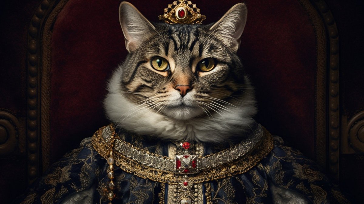 A cat, a crown, and a Victorian gown. Welcome to the royal feline court!
 #CatRoyalty #VictorianElegance #aiArt #cats