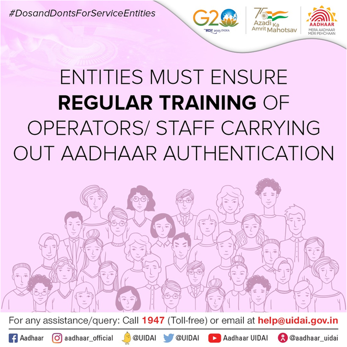 UIDAIChandigarh's tweet image. #DosandDontsForRE
Entities are advised to ensure regular training of operators/staff carrying out #Aadhaarauthentication on the best practices and safeguards involved in doing so.