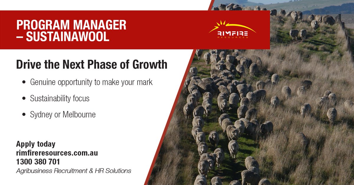A 'face of the industry' role driving sustainable practices in wool production building integrity and traceability of Australian wool.

Apply today: adr.to/we3awai

#wool #sustainawool #sustainability #management #agriculture #agribusiness #agjobs #jobs #rimfireresources