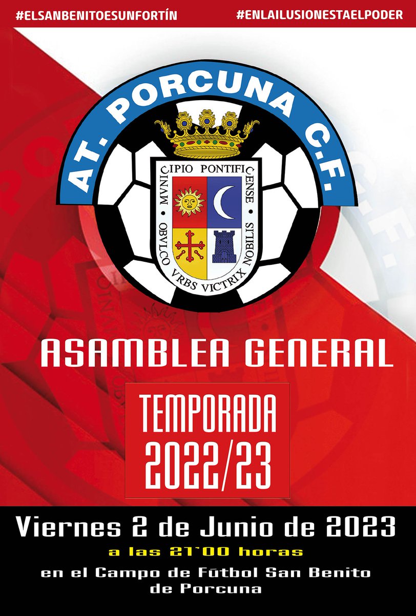 Afición, ya tenemos la fecha de nuestra
🔴⚪️ASAMBLEA GENERAL 🔴⚪️

📆 Viernes 2 de Junio de 2023
⌚️ A las 21:00 h.
🏡 Estadio Municipal San Benito

Debido a la importancia de los temas a tratar
¡No faltes!