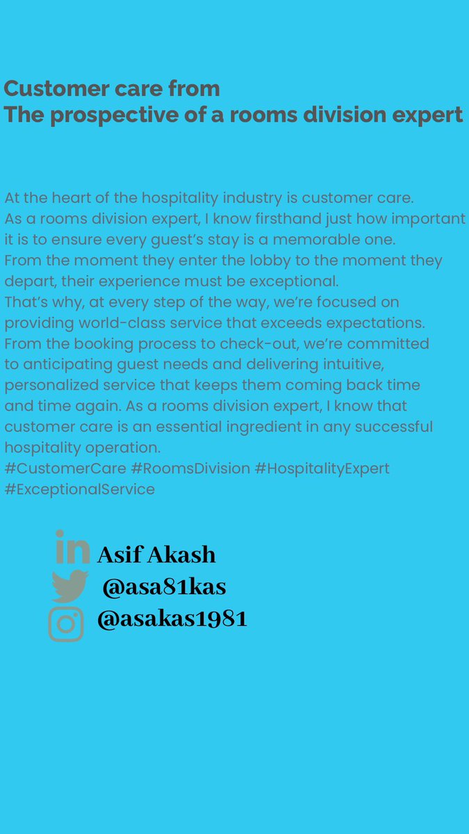 What is Customer care as being a rooms division expert.
#customerexperience #customerengagement #customercare #rooms #RoomsDivision #housekeepers #hospitality #hospitalityindustry #hospitalitymanagement #customerexcellence #exceptional #experience #hotels #resorts #doha #qatar…