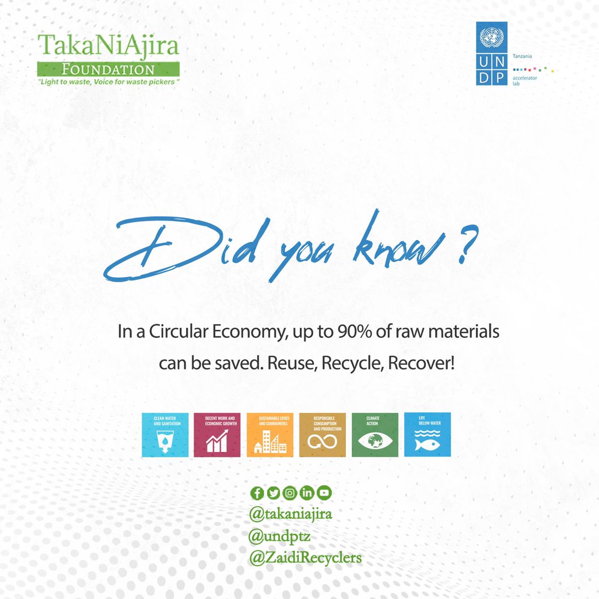 undptz's tweet image. 🔄♻️ In a #CircularEconomy, the possibilities are astounding! Up to 90% of raw materials can be saved, paving the way for a sustainable future. ♻️✨  In partnership w @takaniajira we&apos;re working in Tanga to collect data and transform it into meaningful action. #DataDrivenAction