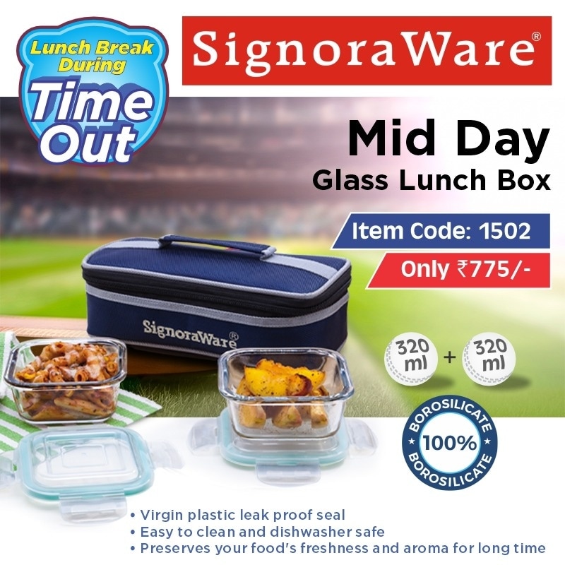 Enjoy cricketing season 🏏with Mid Day Glass Lunch Box 🥘🥗

#signoraware #middayglasslunchbox #middaylunchbox #glasslunchbox #lunchbox #lunch #foodgrade #borosilicateglass #plasticlid #easytocarry #dishwashersafe #bpafree #school #college #office #microwavesafe