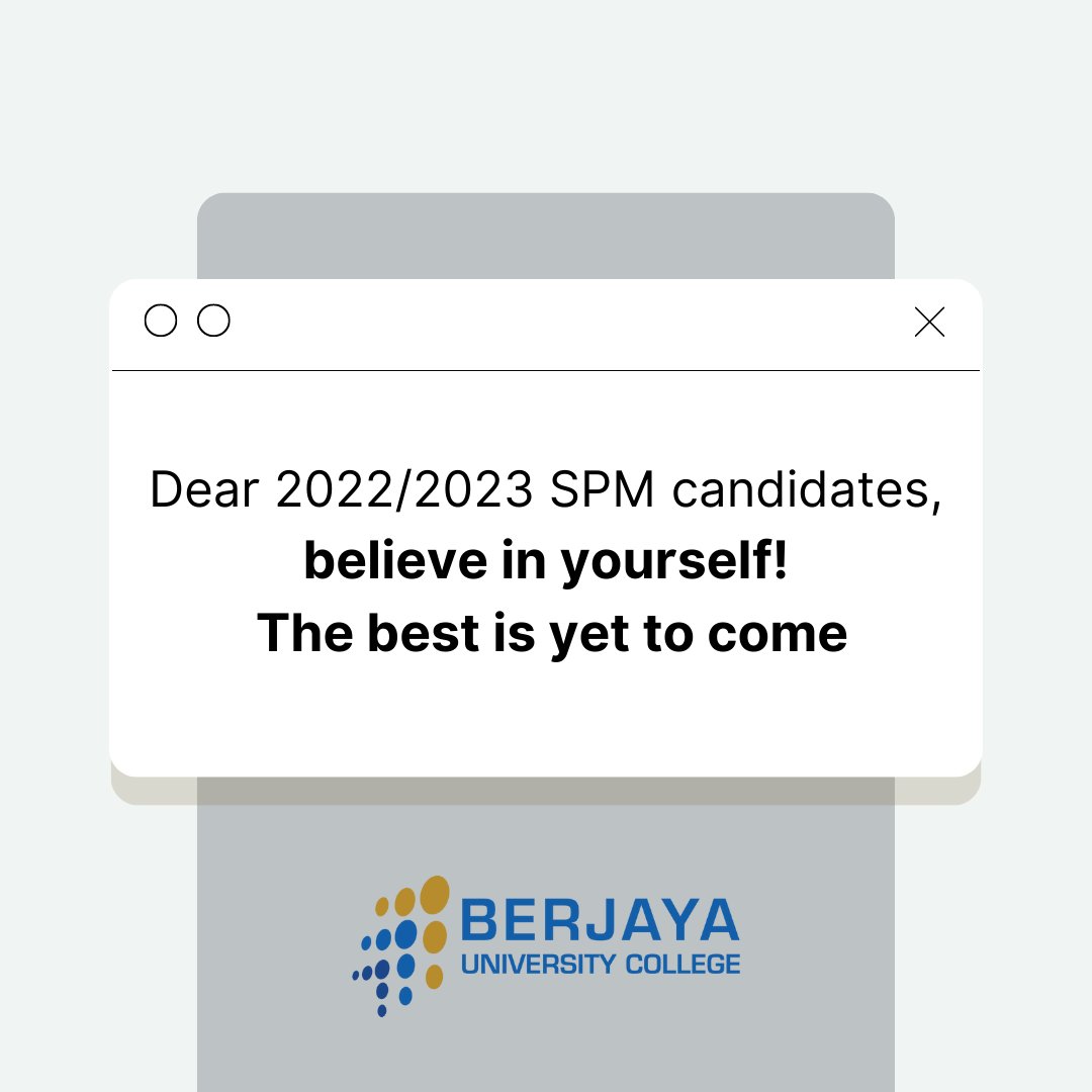 SPM results coming soon for 2022/2023 candidates! 🎉 

Your hard work is paying off, and we're proud of you. The moment of truth approaches, and we eagerly await your results. 

Wishing you the best from BERJAYA University College! 

Keep shining and reaching for the stars! 🌟