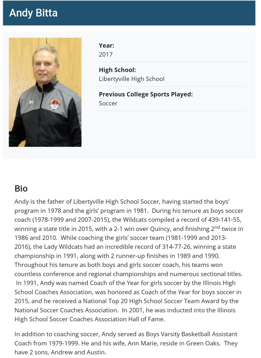 Dion (J & T Sports) (@dion_jtsports) on Twitter photo My condolences to <a href="/LHSCats_Soccer/">Libertyville High School Boys Soccer</a> <a href="/LHSWILDCATSGSOC/">LHS Girls Soccer</a> on the passing of HOF soccer coach Andy Bitta.
He was a Prospect (<a href="/AlebiosuOmar/">🙌🏾Athletics</a> <a href="/KnightsofPHS/">Prospect High School</a>) alum. He coached until 2016-17. Between boys & girls soccer he coached 53 seasons at Libertyville & won over 750 games. My condolences to <a href="/LHSCats_Soccer/">Libertyville High School Boys Soccer</a> <a href="/LHSWILDCATSGSOC/">LHS Girls Soccer</a> on the passing of HOF soccer coach Andy Bitta.
He was a Prospect (<a href="/AlebiosuOmar/">🙌🏾Athletics</a> <a href="/KnightsofPHS/">Prospect High School</a>) alum. He coached until 2016-17. Between boys & girls soccer he coached 53 seasons at Libertyville & won over 750 games.