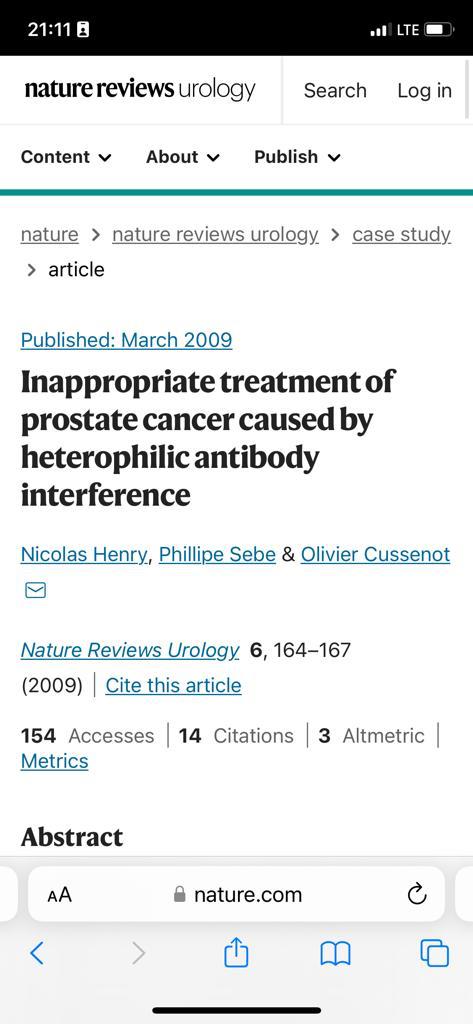 False positive PSA (117 vs. 4 ng/ml) lead to #prostatecancer misclassification and overtreatment. An interesting article on heterophilic antibodies.
Localized prostate cancer misdiagnosed as metastatic castration-resistant disease.
#urology
doi.org/10.1038/ncpuro….
<a href="/PBlanchardMD/">Pierre Blanchard, MD</a>
