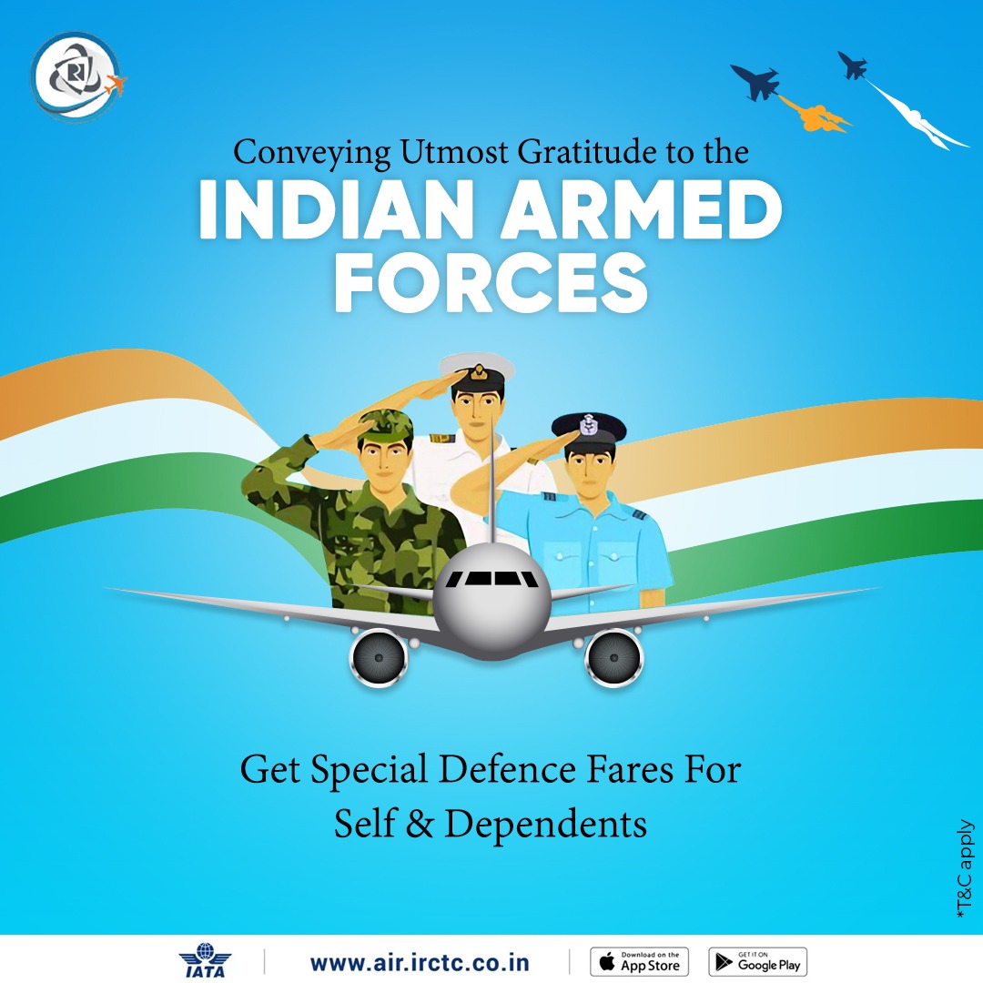 IRCTCofficial's tweet photo. We offer special fares for active and retired personnel of the #IndianArmedForces and their dependents because they deserve the best! Learn more about the special #DefenceFares by visiting https://t.co/fLKvfBMuK7 or downloading the #IRCTC #Air app.
#azadikirail https://t.co/6FdfBZcjh1