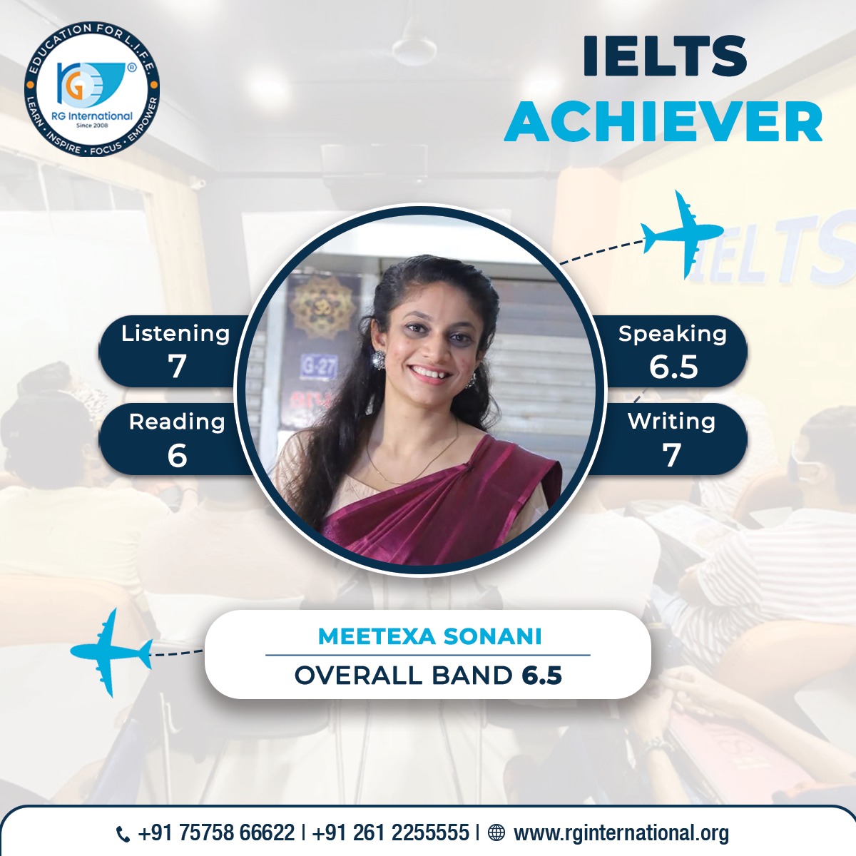 Meetexa Sonani, an IELTS achiever, shines with an Overall Band 6.5! 
RG International congratulates her on this significant accomplishment and encourages her to keep pushing for even greater success.
#rginternational #ielts #ieltspreparation #ieltsexam #ieltstest #ieltsclass
