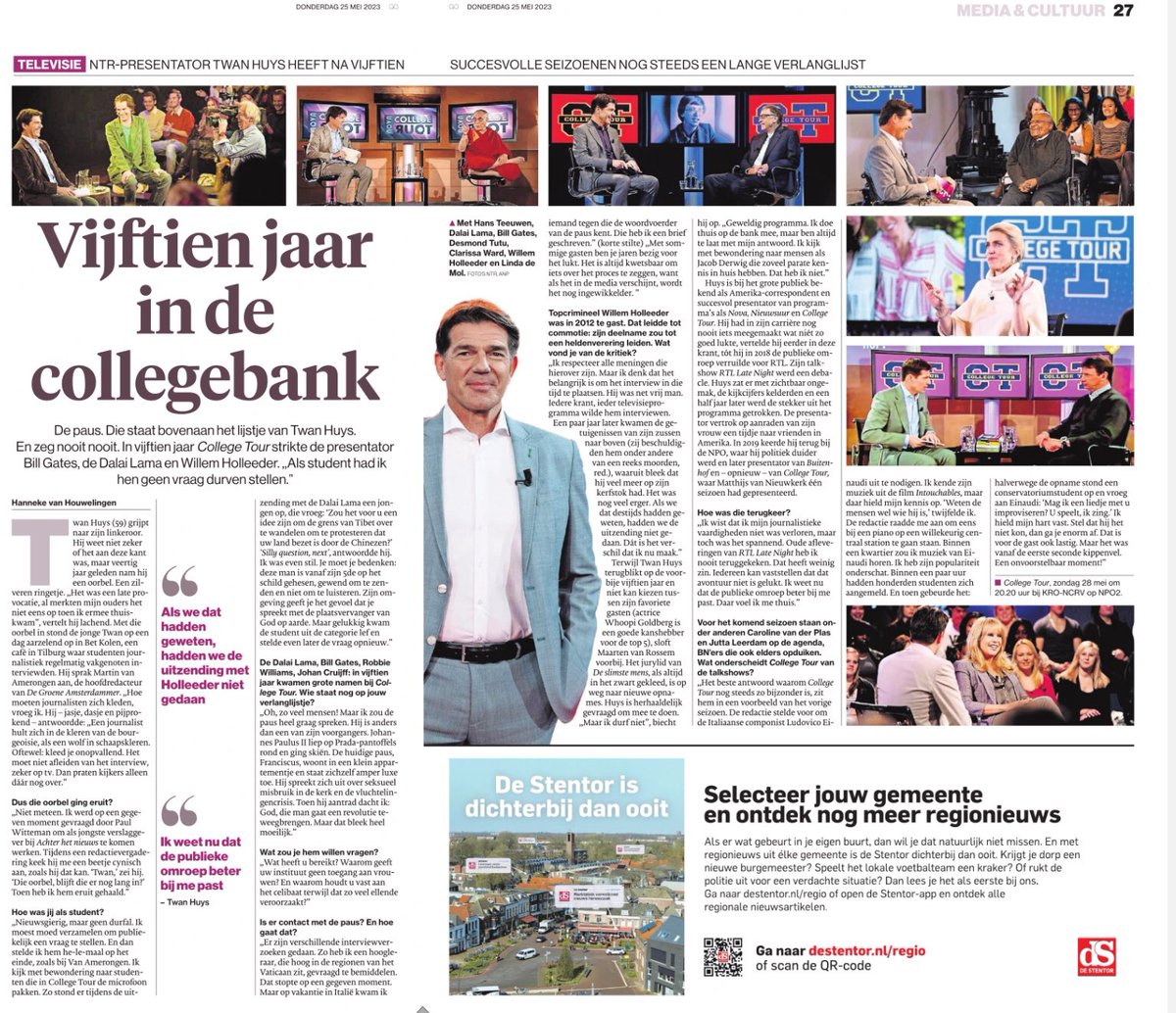 Westrik's tweet image. @collegetour_nl mooi podium voor gast als student. Mede dankzij de geheel eigen wijze en stijl van benaderen door @Twan_Huys al lange tijd een prima programma met bestaansrecht. #interviewen #journalistiek @omroepntr 👌🏻