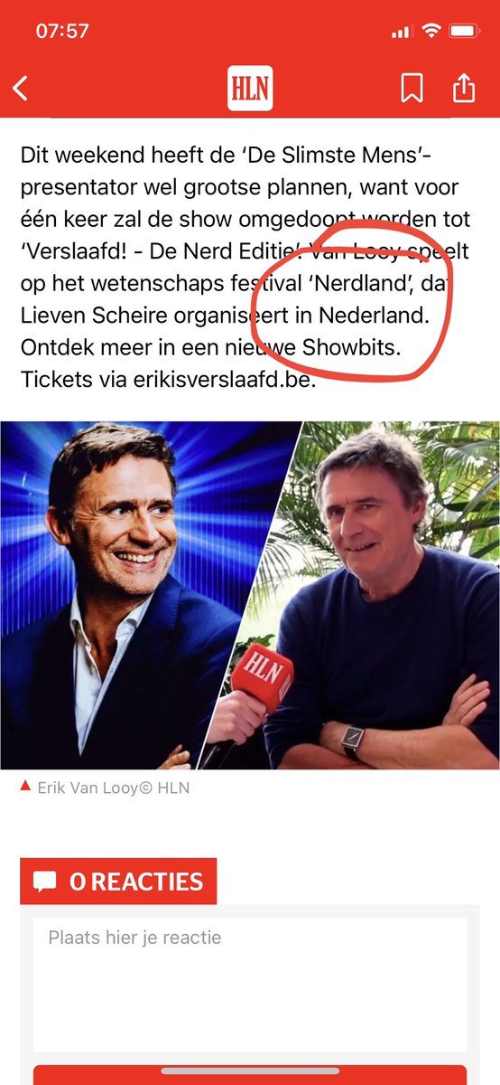 Stijneke's tweet photo. Het #nerdlandfestival in Nederland?
Komaan @HLN_BE , zet dat even recht.  @lievenscheire @nerdlandbe #erikvanlooy #verslaafd #verslaafdnerdeditie https://t.co/PrUzyL8Wp3