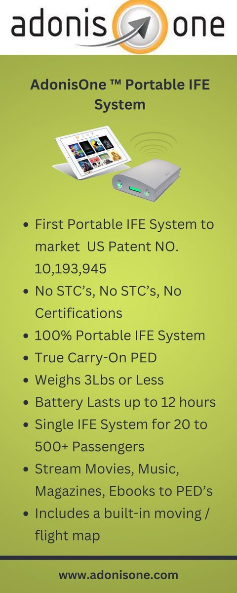 adonisone5's tweet image. AdonisOne
adonisone.com

#Aircraft #inflightentertainment #flightmap #aircraftinternet #movingmapsystem