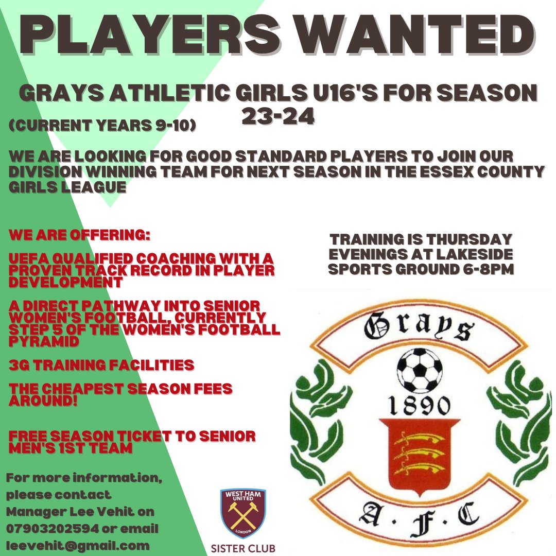 Grays Athletic Girls U16's looking for several good standard players to compliment our squad for next season. DM or use contact details on the ad for more info.