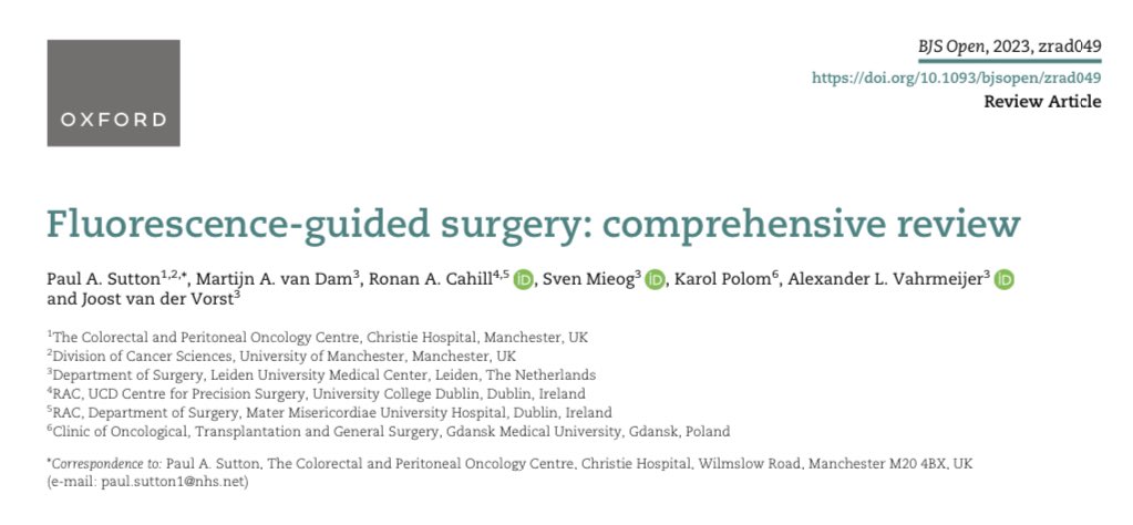 Fluorescence guided surgery 🧪 all you need to know! 

🔫 Main indications include tissue perfusion 🍒 lymph node assessment 🍀 anatomy of vital structures 🎯 tumour tissue imaging 

🤖 Validation of computer visualization now needed 

🧐 Do you use it?

academic.oup.com/bjsopen/articl…