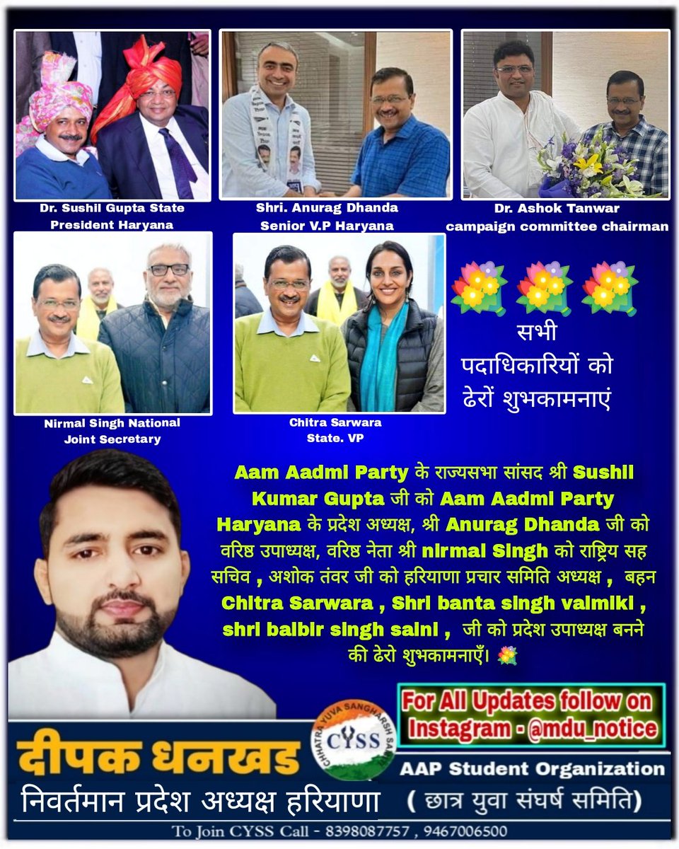 Deepakdhankhr's tweet photo. @AamAadmiParty के राज्यसभा सांसद श्री @DrSushilKrGupta जी को @AAPHaryana के प्रदेश अध्यक्ष,श्री @anuragdhanda जी को वरिष्ठ उपाध्यक्ष, श्री nirmal Singh को राष्ट्रिय सह सचिव , @Tanwar_Indian जी को प्रचार समिति अध्यक्ष ,Chitra Sarwara ,जी को प्रदेश उपाध्यक्ष बनने की ढेरो शुभकामनाएँ https://t.co/Eye29Wg4fL