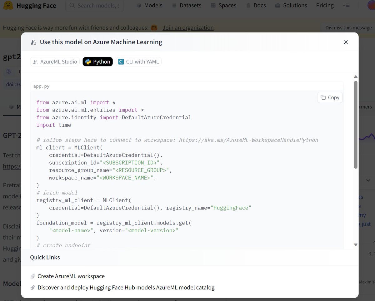 shohei_aio's tweet image. いま気付いたのですが、HuggingFaceのサイトからモデルをAzure Machine Learningのエンドポイントへデプロイできるようになってる。AzureML Studioへもデプロイできるし、Python SDKのサンプルコードもそのまま出してくれてる
#HuggingFace #AzureML