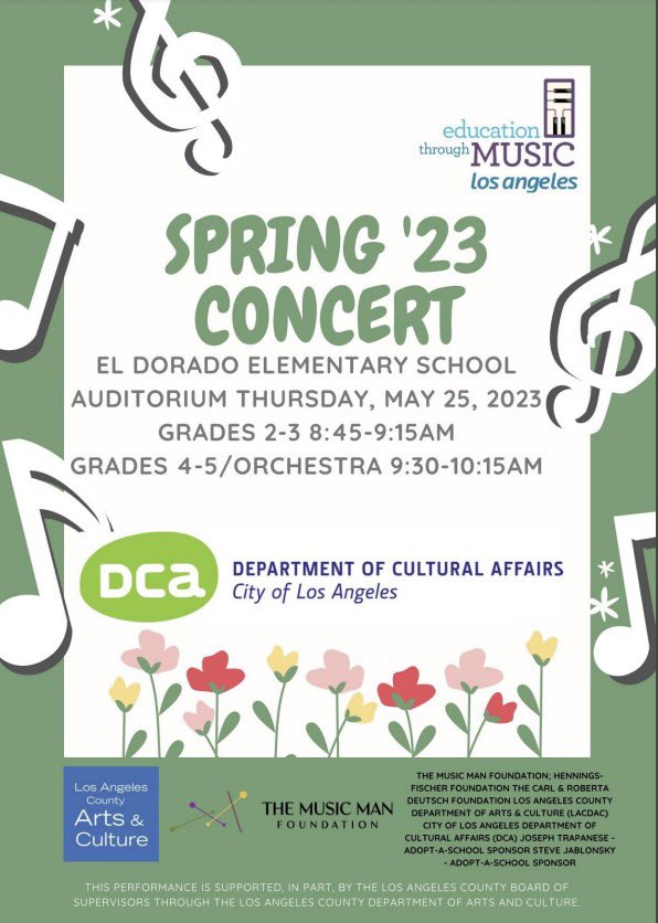 <a href="/ElDoradoBears/">El Dorado Avenue Elementary</a> We can’t wait to see you at our Spring Concert tomorrow! <a href="/LASchoolsNorth/">LAUSD Region North</a> <a href="/Kelly4LASchools/">Kelly Gonez, LAUSD</a> <a href="/SFS_COS/">SanFernando.Sylmar.COS</a> <a href="/LASchools/">Los Angeles Unified</a>