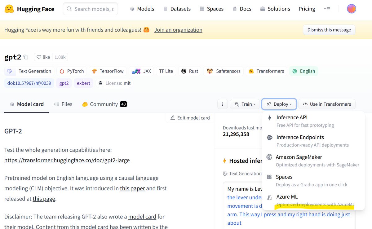 shohei_aio's tweet image. いま気付いたのですが、HuggingFaceのサイトからモデルをAzure Machine Learningのエンドポイントへデプロイできるようになってる。AzureML Studioへもデプロイできるし、Python SDKのサンプルコードもそのまま出してくれてる
#HuggingFace #AzureML