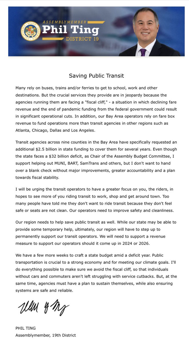 Heartened to see today’s statement from Assembly Budget Chair <a href="/PhilTing/">Phil Ting</a> committing to CA budget transit funding solution:

“Public transportation is crucial to a strong economy and for meeting our climate goals. I'll do everything possible to make sure we avoid the fiscal cliff.”