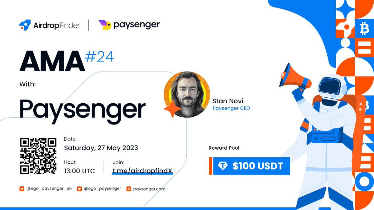 Airdropfinds's tweet photo. Airdrop Finder will host #AMA24 with Paysanger on 27 May 2023 13PM UTC

💰Reward  : $100 USDT
🏠Venue : https://t.co/MEbiqjqSZv

IMPORTANT RULES : 
1️⃣ Follow @Airdropfinds &amp; @Ego_Paysenger
2️⃣ Like &amp; Retweet (Hashtag #EgoPay)
3️⃣ Comment Questions &amp; Tag 3 Friends (max 2 questions) https://t.co/rYooyfke6h