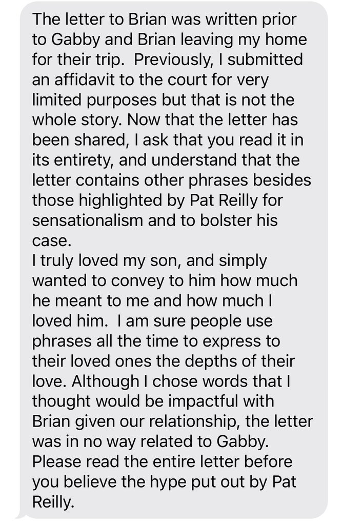 Roberta Laundrie’s statement about the letter attached.
She says it had nothing to do with Gabby and she wanted to convey to Brian “how much I loved him.”