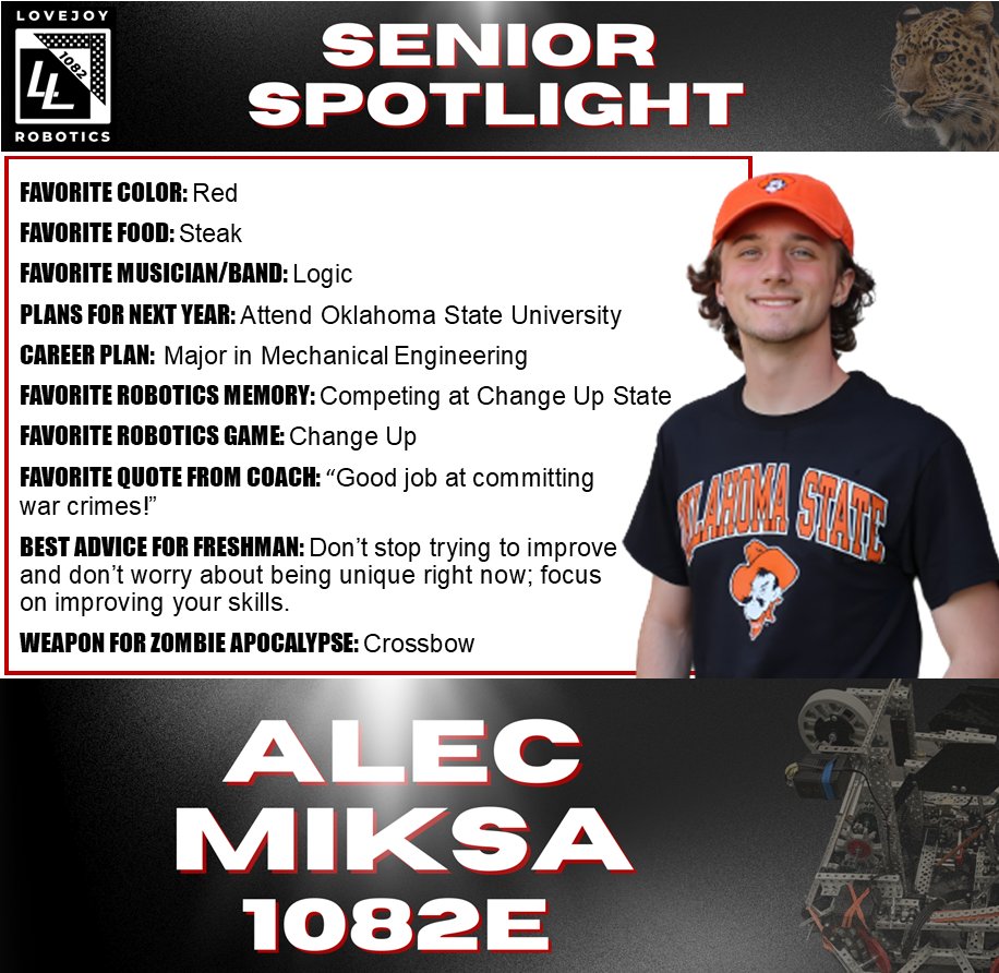 lovejoyrobotics's tweet photo. Time for another #SeniorSpotlight for #LovejoyRobotics - Alec is an incredible young man, always willing to help, mentor others and be a great teammate. He leads by example and is sure to go far at OSU! #1082E #OneHeartOneLovejoy #BestTodayBetterTomorrow #RoboticsExcellence https://t.co/CblovGwGH9