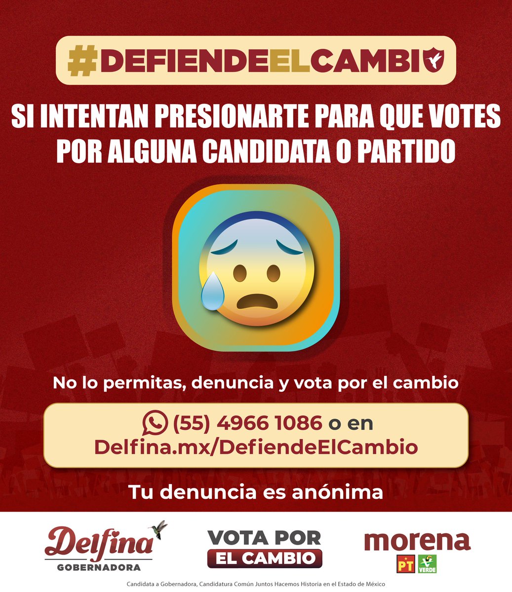 delfinagomeza's tweet photo. Compañera y compañero #mexiquense, la decisión de a quién darle tu voto es tuya y de nadie más. No permitas que te presionen para que elijas a una candidata o partido que tú no quieras. ¡Denuncia actos ilegales y #DefiendeElCambio!  
Visita https://t.co/abcZxmsgbS para más información.
 
#DelfinaGobernadora #VotaPorElCambio
