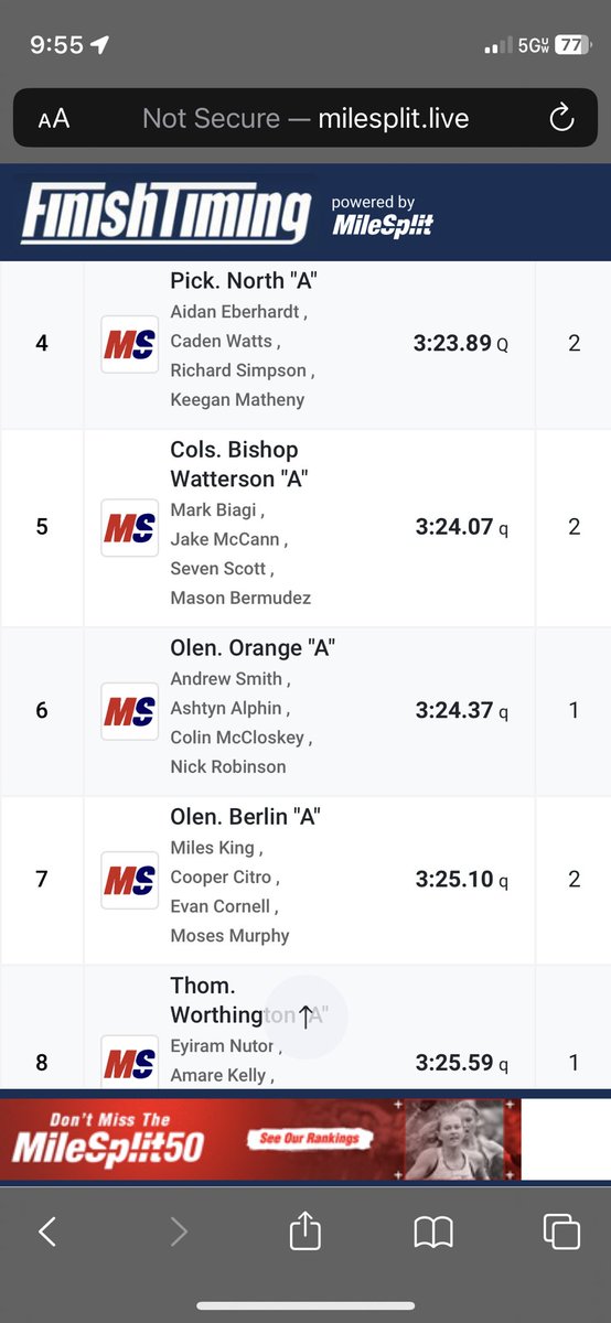 Advancing to Fridays sprints finals for the boys.
Nick Robinson 100m 10.76
Nick Robinson 200m 21.57 PR
Boys 4x4 of Smith, Alphin, McCloskey and Robinson!
