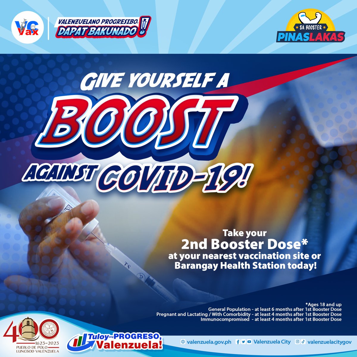 valenzuelacity's tweet photo. #VCVaxPlus: Boost your protection against COVID-19, #PamilyangValenzuelano!
Take your 2nd Booster Dose* at your nearest vaccination site or Barangay Health Station! https://t.co/VoAAig57RI