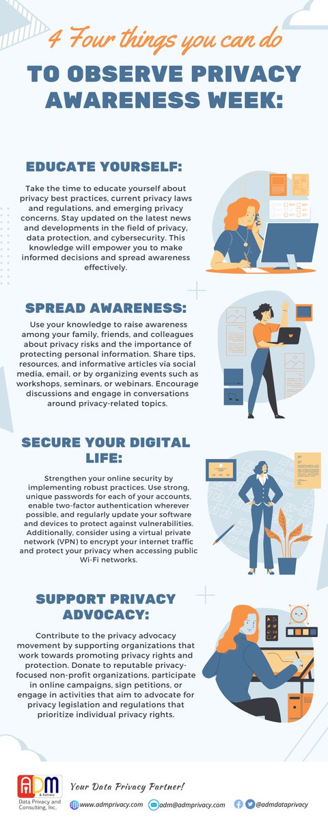 Privacy Awareness Week is an excellent opportunity to promote privacy-conscious behaviors and educate others about the importance of safeguarding personal information. 

#PrivacyPH #NationalPrivacyCommission #PAW2023 #PrivacyAwarenessWeek #ADMandPArtners