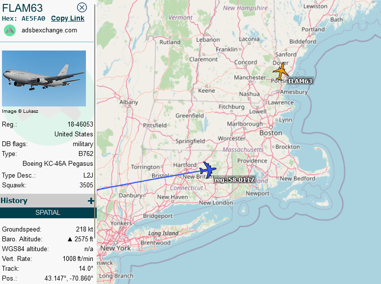 SirListenalot's tweet photo. #KC46 #AE5FA0 as #FLAM63 airborne from Pease. #FLAM62 remains on the ground due to tech issues. https://t.co/HolweygSaZ