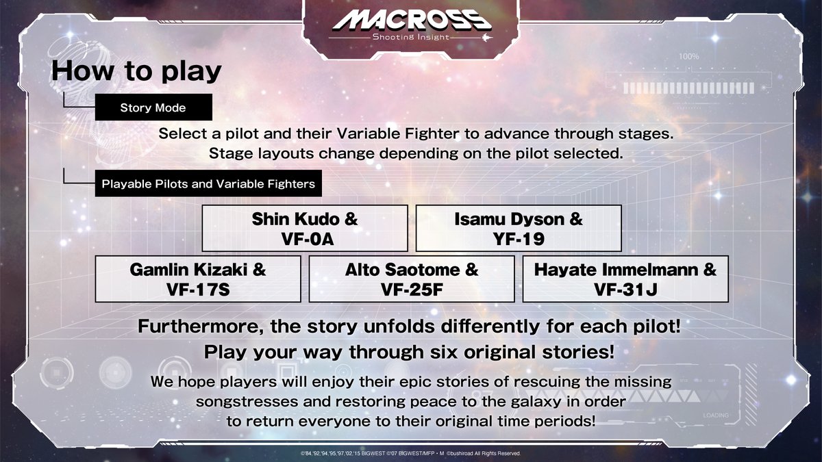 ◤MACROSS -Shooting Insight-◢
✨Latest News✨

Story Mode allows the player to experience the story from different pilot's perspectives!

Stage layouts change depending on the pilot selected!

 #macross_si