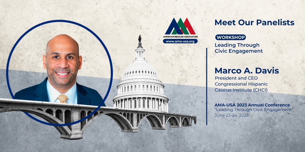 AMAUSAOrg's tweet photo. Meet our #AMAUSA2023Conference Panelists!

@MarcoADavis is the CEO of @CHCI and has 25+ years of experience in #LeadershipDevelopment, #EducationalAchievement, #CommunityAdvocacy, and #CivicEngagement.

Join us to learn from his impeccable trajectory! https://t.co/6SdtG4zMc1 https://t.co/z6HvEAu91W