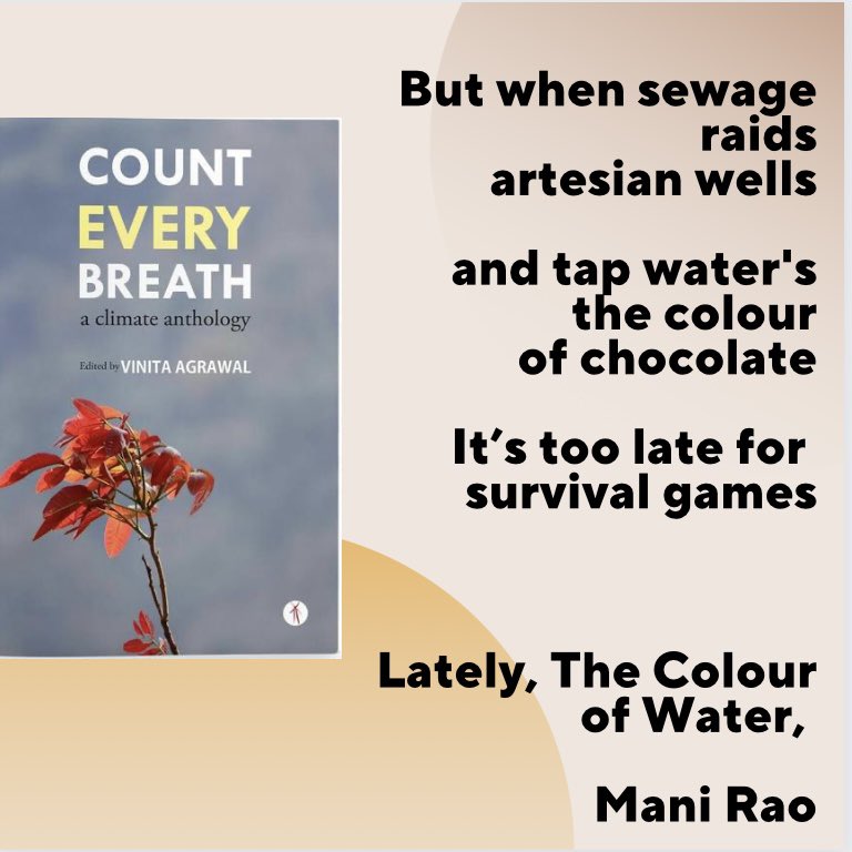 Lately, the Colour of Water - a concise, no-nonsense poem on the lack of clean water from Count Every Breath (Hawakal)
#climateanthology #ecopoetry #ecopoetics #counteverybreath #prokashona #hawakal #poetry #poems #literaryactivism #globalanthology #earthpoems 
#manirao