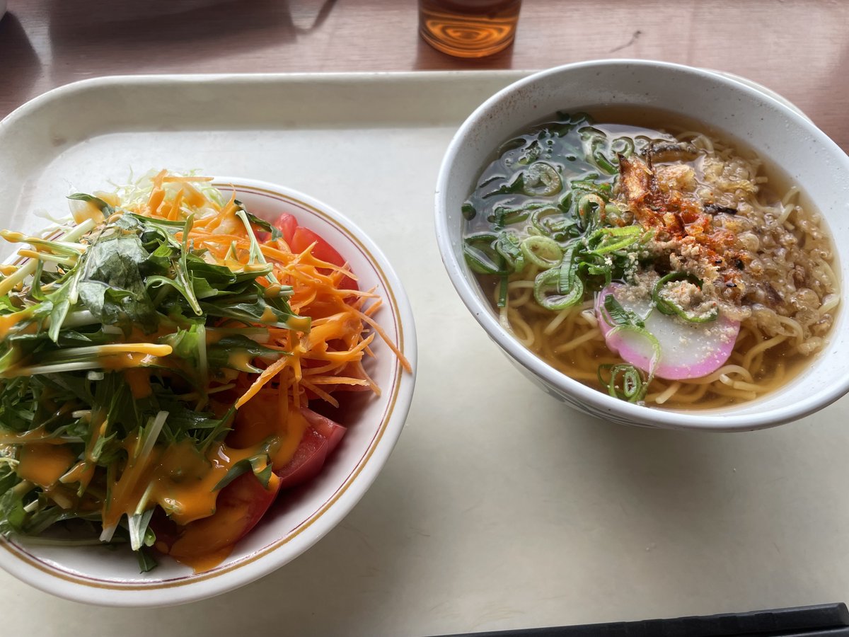 標準的な平日の昼食。
社食のサラダバーとかけそば（黄色麺）。
２４０円と２２０円也。