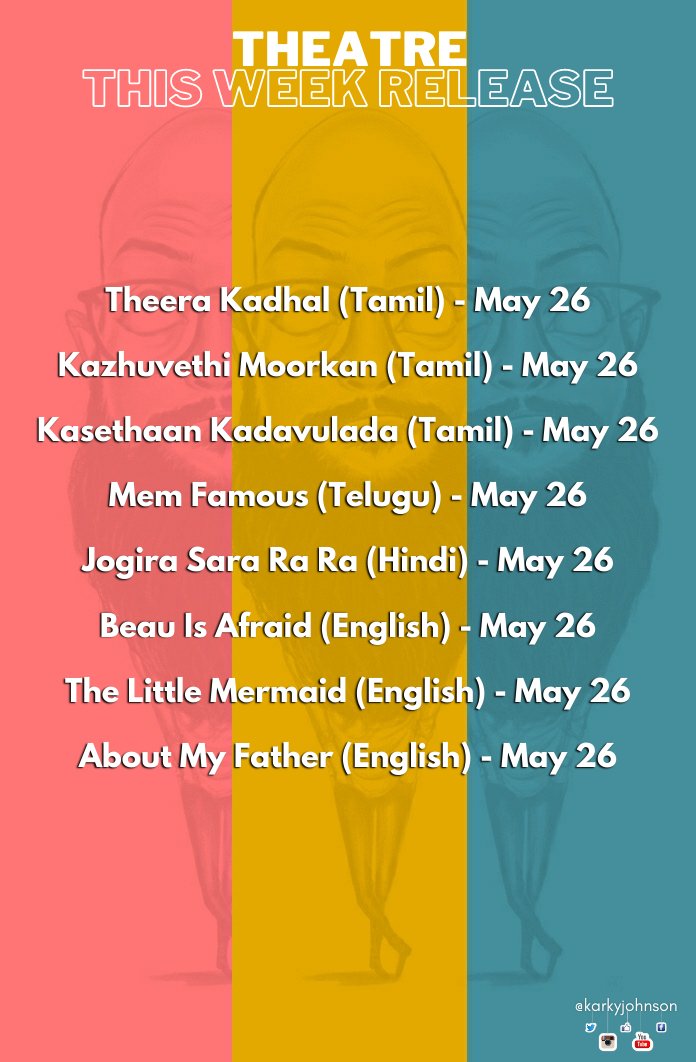 karkyjohnson's tweet photo. This Week Release #TWR

#Jai's #TheeraKaadhal, #Arulnidhi's #KazhuvethiMoorgan, #Siva's #KasethanKaduvalada, #ManojPajpai's #Badaa, #Vijay's #Boo and more on... https://t.co/ffEawPYCzn