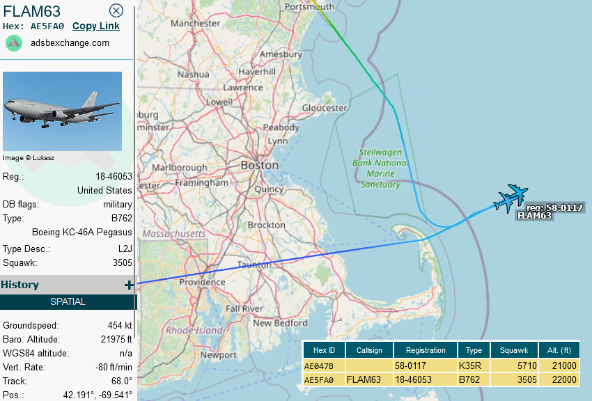 SirListenalot's tweet photo. #KC135 #AE047B as #FLAM61 and #KC46 #AE5FA0 as #FLAM63 in the block FL210-220, expecting #B1's #SPICY41 to join https://t.co/lL9Hm9LnZz