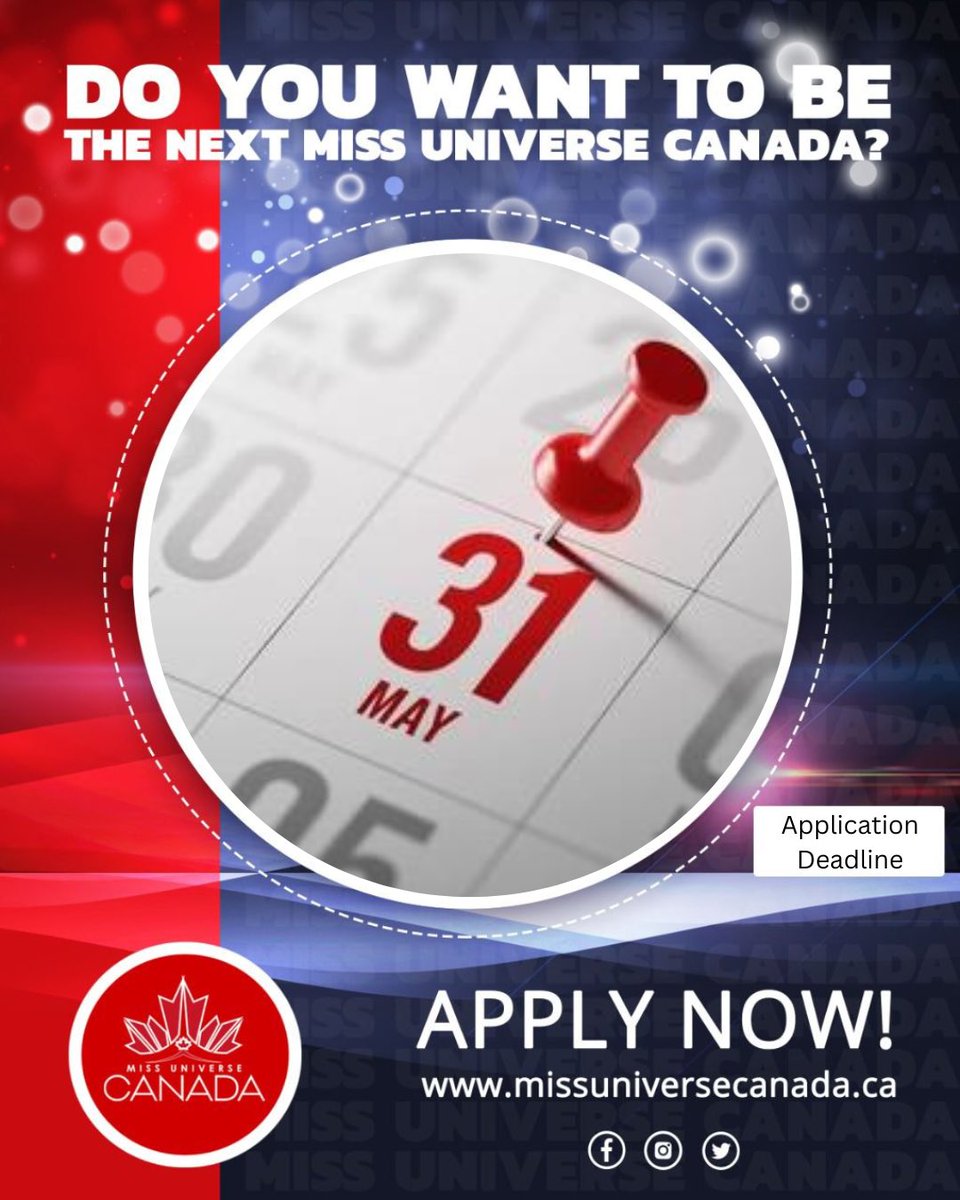 ‼️ ONE WEEK LEFT TO APPLY ‼️

Applications for the 2023 Miss Universe, Canada Pageant close on May 31, 2023. 

Apply Online: missuniversecanada.ca/become 

.
.
.

#MissUniverseCanada #MissUniverseCanada2023 
#MissUniverse #MissCanada
#Pageants #BeautyPageants
#roadtomissuniverse