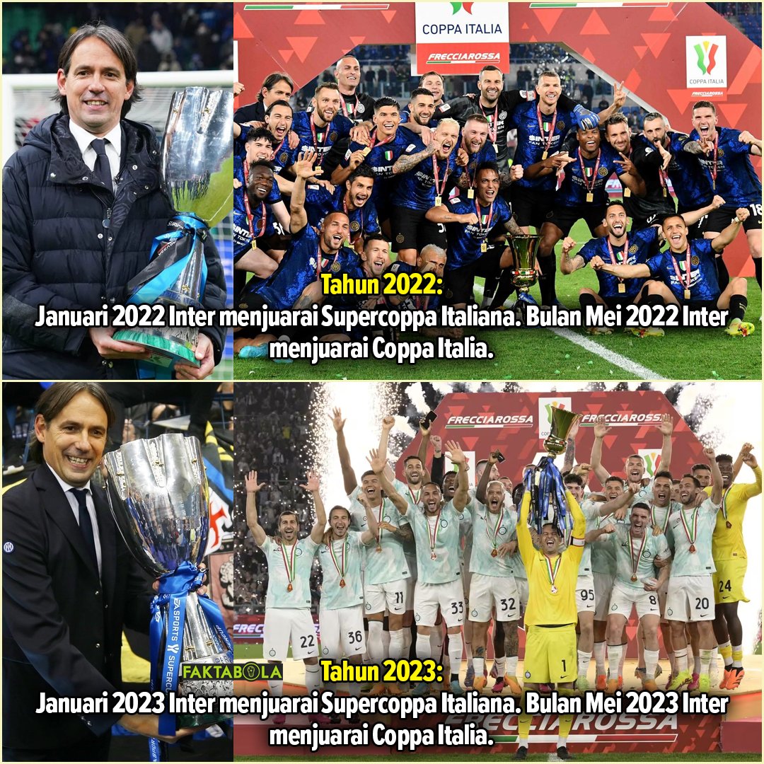 FaktaSepakbola's tweet photo. Selamat Inter berhasil juara Coppa Italia 2023! 🏆

Gelar Coppa Italia beruntun bagi Inter, sekaligus mengulang pencapaian Inter di tahun 2022, yakni juara Supercoppa &amp; Coppa Italia.

Di tahun 2023 ini, Inter juga masih memiliki kesempatan untuk menjuarai UEFA Champions League. https://t.co/PkLcC9rVVx