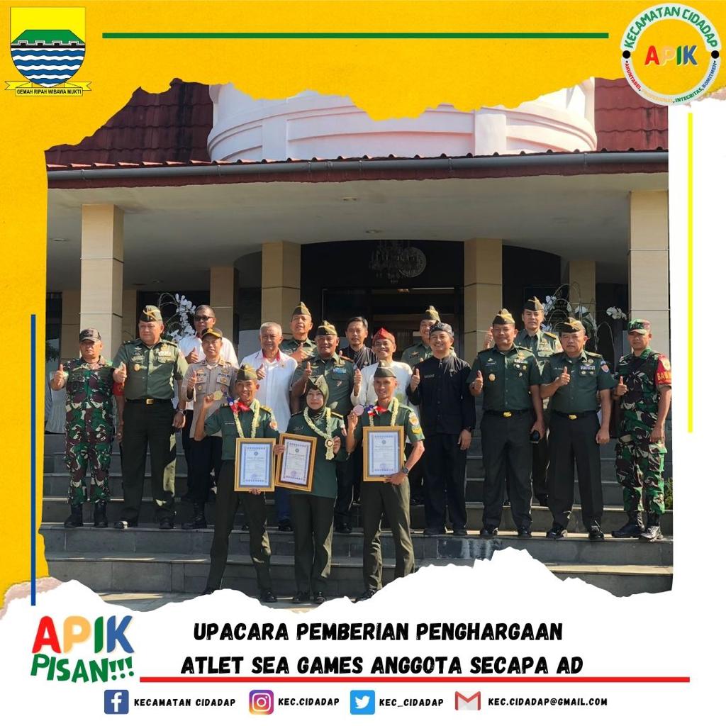 Sampurasun Wargi Cidadap !
Bapak Camat Cidadap bersama Bapak Kasi Tramtib Kecamatan Cidadap Menghadiri Upacara Pemberian Penghargaan  Atletik Anggota Secapa AD Dalam Sea Games di Kamboja. Kamis, 25 Mei 2023 <a href="/halo_bandung/">Prokopim Kota Bandung</a> <a href="/HendrawanHilda/">Hilda Hendrawan</a>